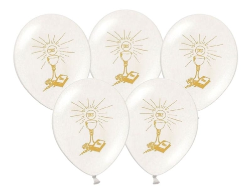 BALONY BIAŁE KIELICH KOMUNIA ZŁOTE 27cm 5szt