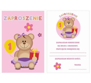 ZAPROSZENIA ROCZEK MIŚ RÓŻOWE 6 szt.
