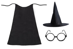 ZESTAW HARRY POTTER CZARNY PELERYNA 75cm 3el