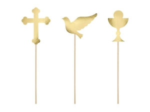 KARTECZKI NA PIKU TOPPERY NA TORT KOMUNIA ZŁOTE 6szt