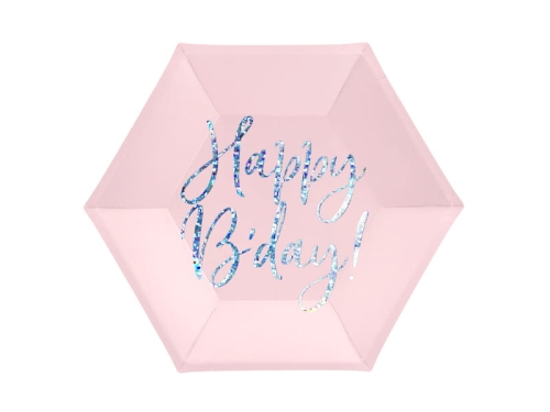 TALERZYKI PAPIEROWE HAPPY BDAY JASNORÓŻOWE 20cm 6szt