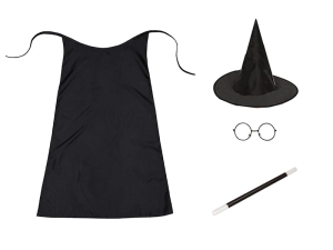 ZESTAW HARRY POTTER CZARNY PELERYNA 55cm 4el