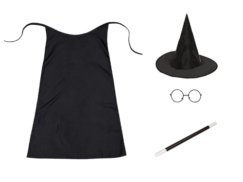 ZESTAW HARRY POTTER CZARNY PELERYNA 55cm 4el