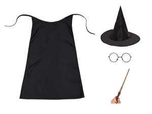ZESTAW HARRY POTTER CZARNY PELERYNA 75cm 4el