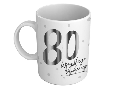 KUBEK 80 URODZINY GROSZKI BIAŁY