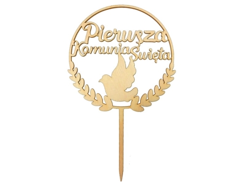 KARTECZKA NA PIKU TOPPER PIERWSZA KOMUNIA GOŁĄBEK DREWNIANY 23cm 1szt