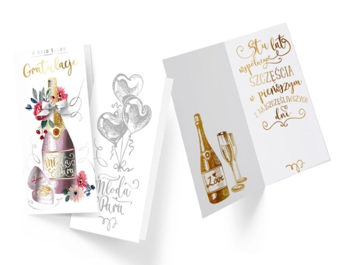 KARTKA ŚLUBNA GRATULACJE SZAMPAN BIAŁA 21,5x11cm