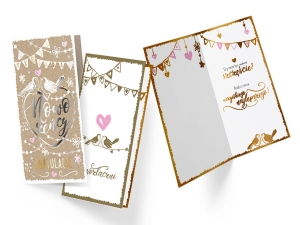 KARTKA ŚLUBNA NOWOŻEŃCY PTASZKI BRĄZ 21,5x11cm