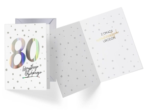 KARTKA 80 URODZINY GROSZKI BIAŁA 19x14cm