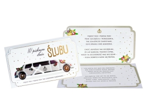 KARTKA ŚLUBNA W PIĘKNYM DNIU ŚLUBU LIMUZYNA BEŻOWA 21,5x11cm
