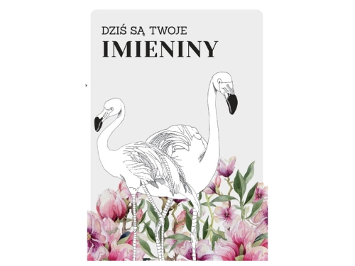 KARTKA IMIENINY FLAMINGI KWIATY SZARA 17x12cm
