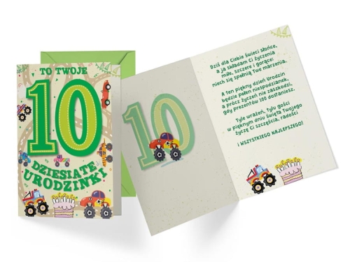 KARTKA 10 URODZINY MONSTER TRUCK BRĄZOWA 17x12cm