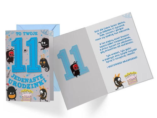 KARTKA 11 URODZINY POTWORKI NIEBIESKA 17x12cm