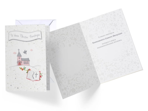 KARTKA CHRZEST RÓŻOWY KOŚCIÓŁEK BIAŁA 17x12cm