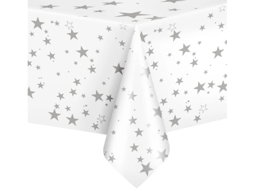 OBRUS FOLIOWY GWIAZDKI BIAŁO-SREBRNY 274x137cm