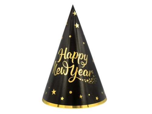 CZAPECZKI HAPPY NEW YEAR GWIAZDKI CZARNE 21cm 6szt.