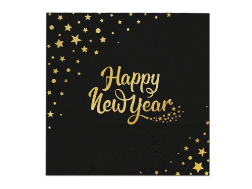 SERWETKI HAPPY NEW YEAR GWIAZDKI CZARNE 10szt