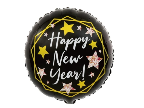 BALON HAPPY NEW YEAR GWIAZDKI CZARNY 18'' 45cm