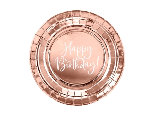 TALERZYKI PAPIEROWE HAPPY BIRTHDAY RÓŻOWE ZŁOTO 18cm 6szt