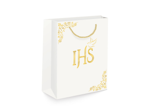 TOREBKA PREZENTOWA KOMUNIA GOŁĄBEK IHS BIAŁA 15x20cm