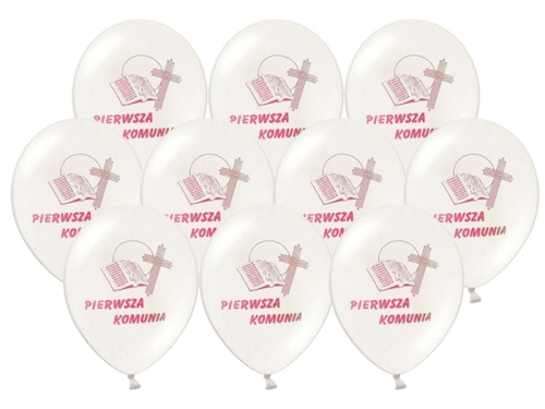 BALONY LATEKSOWE BIAŁE IHS KOMUNIA RÓŻ 27 cm 10 szt.