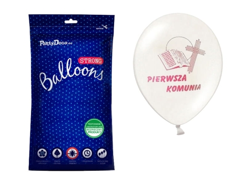 BALONY LATEKSOWE BIAŁE IHS KOMUNIA RÓŻ 27 cm 50 szt.