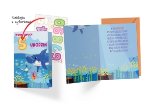 KARTKA URODZINOWA REKIN NAKLEJKI NIEBIESKA 17x12cm 