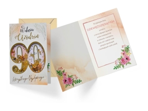 KARTKA 90 URODZINY KONFETTI BRZOSKWINIOWA 17x12cm