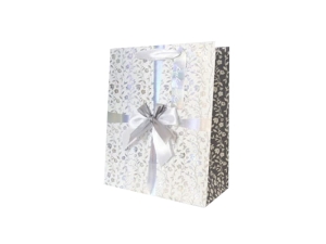 TOREBKA PREZENTOWA KOKARDA KWIATY SREBRNA 13x18cm