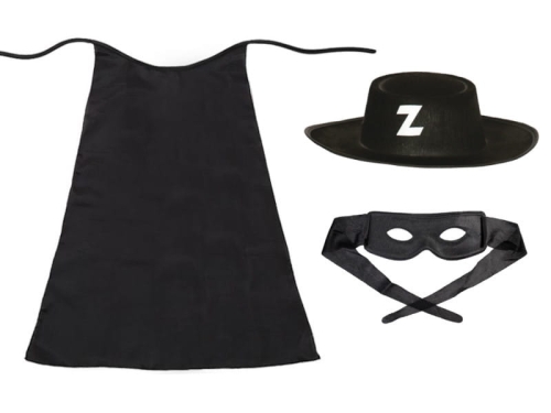 ZESTAW ZORRO CZARNY PELERYNA 90cm 3el