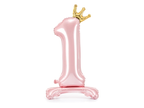 BALON CYFRA 1 STOJĄCY KORONA JASNORÓŻOWY 33'' 84cm