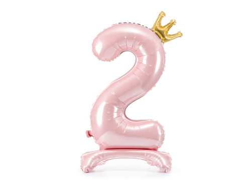 BALON CYFRA 2 STOJĄCY KORONA JASNORÓŻOWY 33'' 84cm