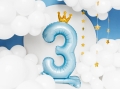 BALON CYFRA 3 STOJĄCY KORONA BŁĘKITNY 33'' 84cm