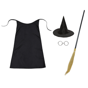 ZESTAW HARRY POTTER CZARNY PELERYNA 55cm 4el