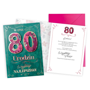 KARTKA 80 URODZINY KWIATY TURKUSOWA 19x14cm 1szt