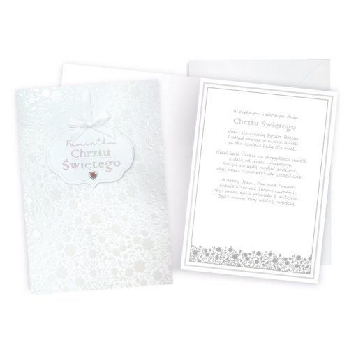 KARTKA CHRZEST KWIATY TŁOCZONE BIAŁA 19x14cm