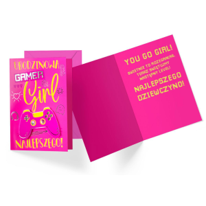 KARTKA URODZINOWA GAMER GIRL RÓŻOWA 17x12cm