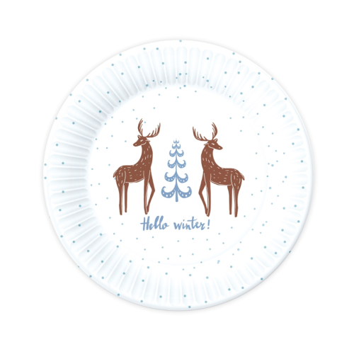 TALERZYKI PAPIEROWE HELLO WINTER RENIFERY BIAŁE 18cm 6szt