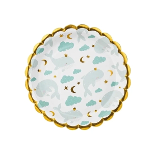 TALERZYKI PAPIEROWE WIELORYB BŁĘKITNO-ZŁOTE 18cm 6szt