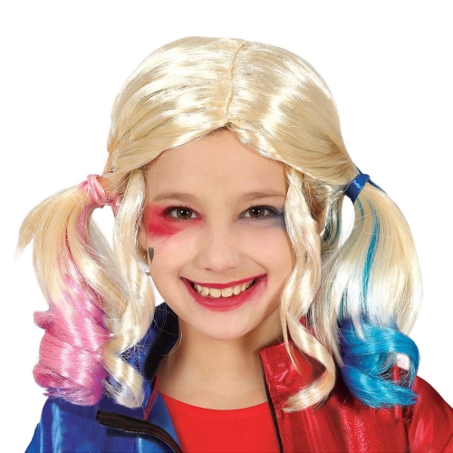 PERUKA DZIECIĘCA HARLEY QUINN KUCYKI BIAŁO-RÓŻOWO-NIEBIESKA