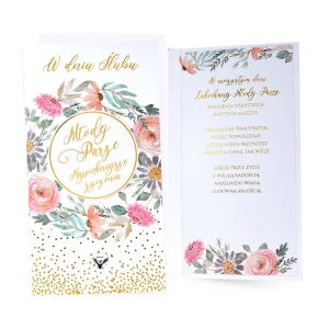 KARTKA ŚLUBNA MŁODEJ PARZE NAJPIĘKNIEJSZE ŻYCZENIA KWIATY 21,5x11cm