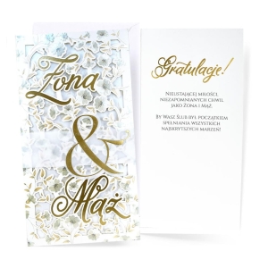 KARTKA ŚLUBNA ŻONA I MĄŻ TŁOCZENIA KWIATY 21,5x11cm