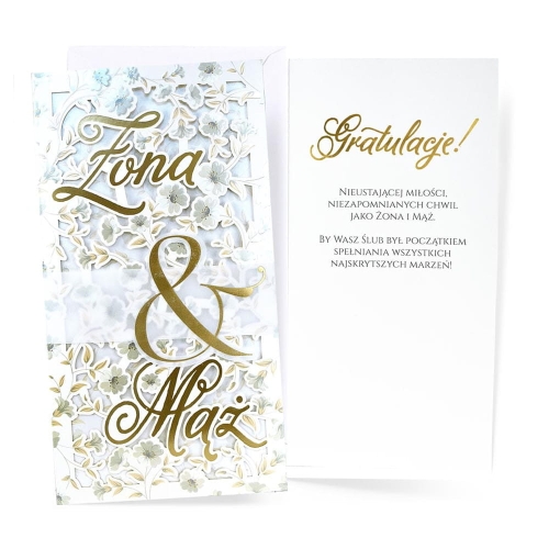 KARTKA ŚLUBNA ŻONA I MĄŻ TŁOCZENIA KWIATY 21,5x11cm