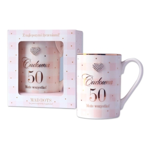 KUBEK 50 URODZINY CUDOWNA 50 BIAŁO-RÓŻOWY 350ml