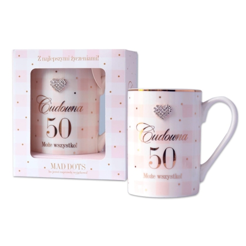 KUBEK 50 URODZINY CUDOWNA 50 BIAŁO-RÓŻOWY 250ml