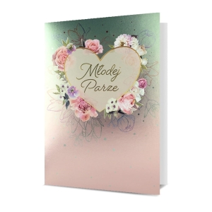 KARTKA ŚLUBNA MŁODEJ PARZE SERCE KWIATY ZIELONO-RÓŻOWA 17x12cm