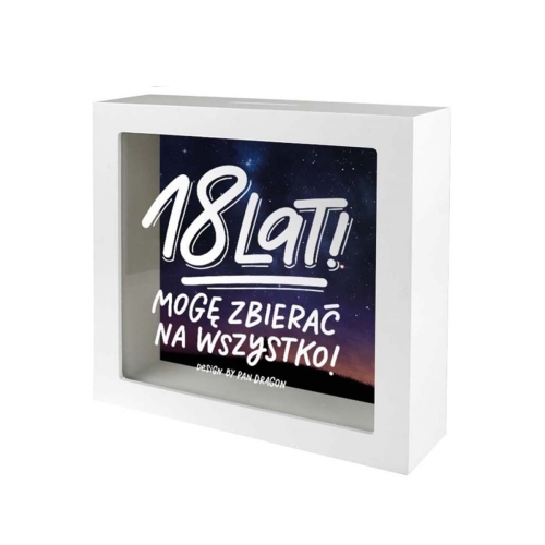 SKARBONKA 18 LAT MOGĘ ZBIERAĆ NA WSZYSTKO BIAŁA 15x15cm