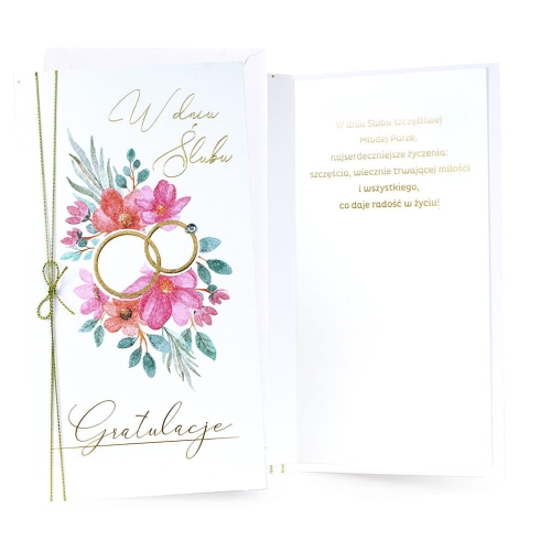 KARTKA ŚLUBNA GRATULACJE OBRĄCZKI KWIATY 21,5x11cm