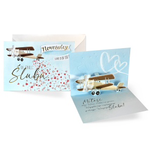 KARTKA ŚLUBNA POP-UP SAMOLOT NOWOŻEŃCY BŁĘKITNA 17x12cm