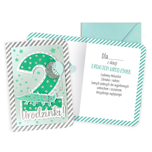 KARTKA 2 URODZINY KROKODYL ZIELONA 17x12cm